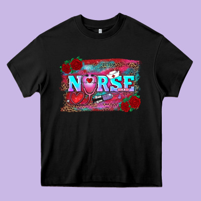 Heavy Core Tee valentines day nurse with leopard and turquoise ba