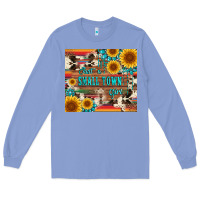 Colony Blue just a small town girl with gemstone sunflower serape and cowhide Long Sleeve Tee - Artiststas