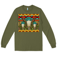 Army Green bull skulls gemstones and cactus with leopard and aztec Long Sleeve Tee - Artiststas