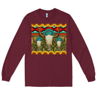 Burgundy bull skulls gemstones and cactus with leopard and aztec Long Sleeve Tee - Artiststas