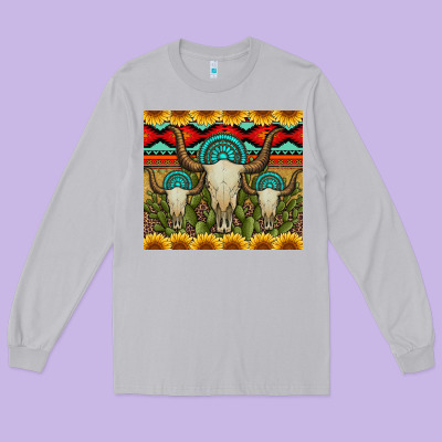 Bull Skulls Gemstones And Cactus With Leopard And Aztec Long Sleeve Tee Designed By Artiststas