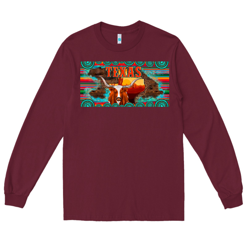 Texas And Map With Longhorn Serape Gemstone Licanse Plate Long Sleeve Tee by Artiststas | Teevron