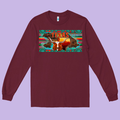 Texas And Map With Longhorn Serape Gemstone Licanse Plate Long Sleeve Tee Designed By Artiststas