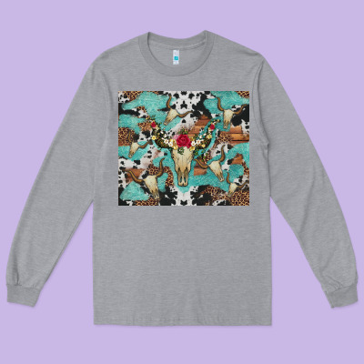Bull Skull Flowers Cowhides And Leopard Long Sleeve Tee Designed By Artiststas