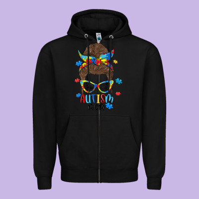 Messy Bun Autism Mom Zipper Hoodie Designed By Maliassmallbusiness