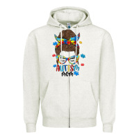 Oatmeal Heather messy bun autism mom Zipper Hoodie - MaliasSmallBusiness