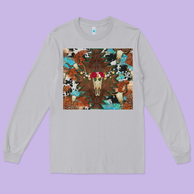 Western Floral Bullskull Cowhide And Leopard Long Sleeve Tee Designed By Artiststas