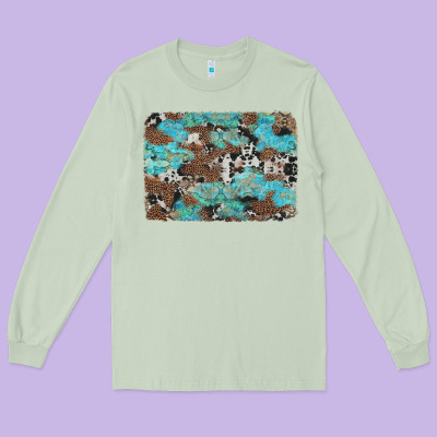 Western Cowhide And Leopard With Turquoise Background Long Sleeve Tee Designed By Artiststas