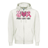 Oatmeal Heather peace love cure breast cancer Zipper Hoodie - MaliasSmallBusiness