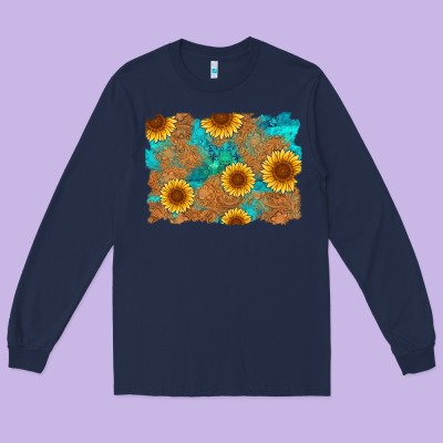 Sunflower Turquoise And  Leather Background Long Sleeve Tee Designed By Artiststas