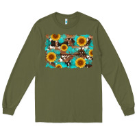 Army Green sunflower and cowhides with wood and turquoise background Long Sleeve Tee - Artiststas