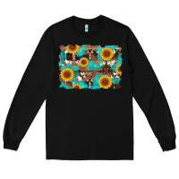 Black sunflower and cowhides with wood and turquoise background Long Sleeve Tee - Artiststas