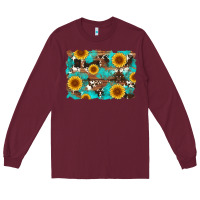 Burgundy sunflower and cowhides with wood and turquoise background Long Sleeve Tee - Artiststas