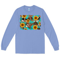 Colony Blue sunflower and cowhides with wood and turquoise background Long Sleeve Tee - Artiststas