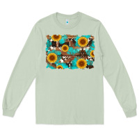 Matcha sunflower and cowhides with wood and turquoise background Long Sleeve Tee - Artiststas