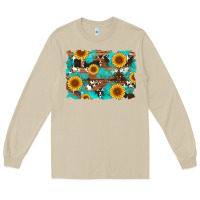 Mushroom sunflower and cowhides with wood and turquoise background Long Sleeve Tee - Artiststas