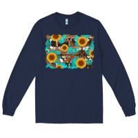 Navy sunflower and cowhides with wood and turquoise background Long Sleeve Tee - Artiststas