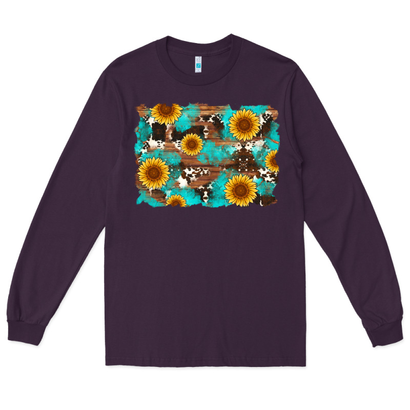 Sunflower And Cowhides With Wood And Turquoise Background Long Sleeve Tee by Artiststas | Teevron