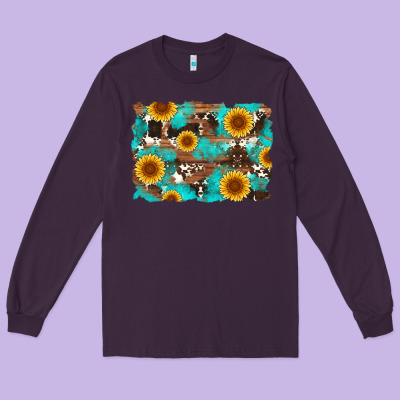 Sunflower And Cowhides With Wood And Turquoise Background Long Sleeve Tee Designed By Artiststas