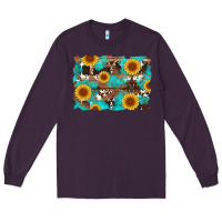 Plum sunflower and cowhides with wood and turquoise background Long Sleeve Tee - Artiststas