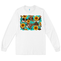 White sunflower and cowhides with wood and turquoise background Long Sleeve Tee - Artiststas
