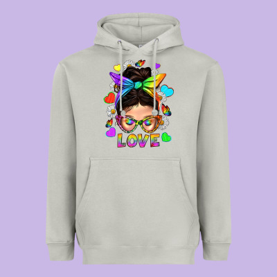 Lgbtq+ Messy Bun Mum Love With Hearts Heavyweight Hoodie Designed By Bundleandbundleshop