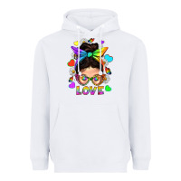 White LGBTQ+ Messy Bun Mum Love With Hearts Heavyweight Hoodie - BundleAndBundleShop