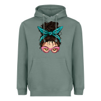Sage Messy Curly Bun Mom With Leopard Bandana Heavyweight Hoodie - BundleAndBundleShop