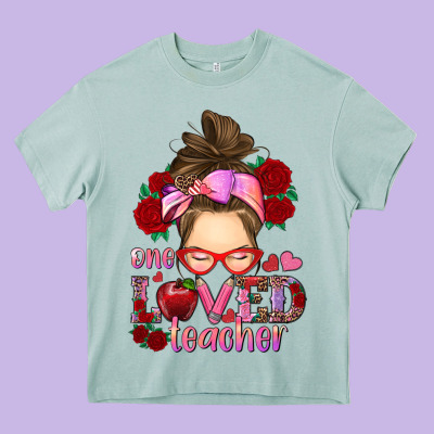 Heavy Core Tee one loved teacher messy bun
