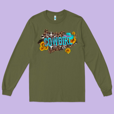 Western Cowgirl And Sunflower With Hat And Cowhide Leopard Long Sleeve Tee Designed By Artiststas