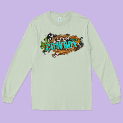 Western Cowboy And Hat With Cactus And Cowhide Long Sleeve Tee Designed By Artiststas