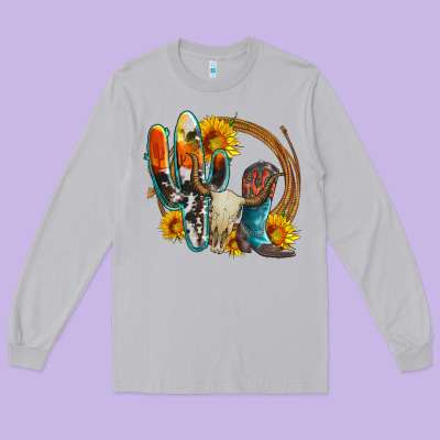 Western Cactus Bullskull And Boots With Sunflowers And Serape Leopard Long Sleeve Tee Designed By Artiststas