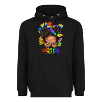 Black LGBTQ+ Messy Bun Mom Pride With Flower Heavyweight Hoodie - BundleAndBundleShop