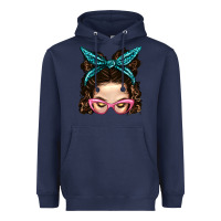 Navy Messy Bun Mom With Leopard Bandana Heavyweight Hoodie - BundleAndBundleShop