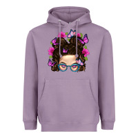 Lavender Messy Bun Mom With Butterfly Heavyweight Hoodie - BundleAndBundleShop