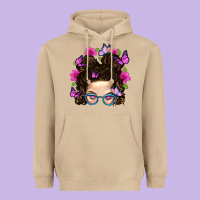 Messy Bun Mom With Butterfly Heavyweight Hoodie Designed By Bundleandbundleshop