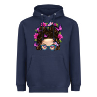 Navy Messy Bun Mom With Butterfly Heavyweight Hoodie - BundleAndBundleShop