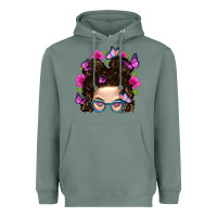 Sage Messy Bun Mom With Butterfly Heavyweight Hoodie - BundleAndBundleShop