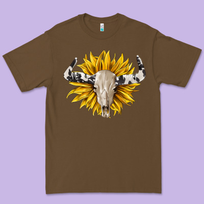 Cowhide Bull Skull And Sunflower Premium Tee Designed By Barkaloodesign