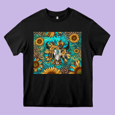 Heavy Core Tee bull skull sunflowers