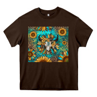 Chocolate Brown bull skull sunflowers Heavy Core Tee - RanaPortraitStore