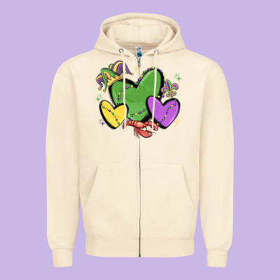 Mardi Gras Hearts Zipper Hoodie Designed By Maliassmallbusiness