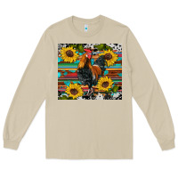 Western Coop Animals Rooster Sunflowers Cowhide Wooden Serape Glitter Long Sleeve Tee | Teevron