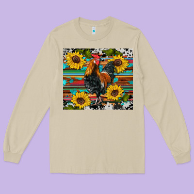 Western Coop Animals Rooster Sunflowers Cowhide Wooden Serape Glitter Long Sleeve Tee Designed By Artiststas