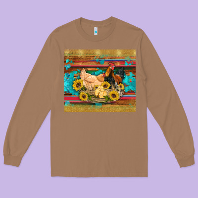Western Coop Animals Farm Chicken Chick Rooster Sunflowers Wooden Sera Long Sleeve Tee Designed By Artiststas