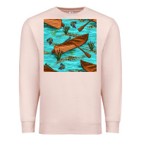 Pale Pink Lake Canoe And Fish With Reeds And Leopard Seamless Pattern Bbs Premium Sweatshirt - BundleAndBundleShop