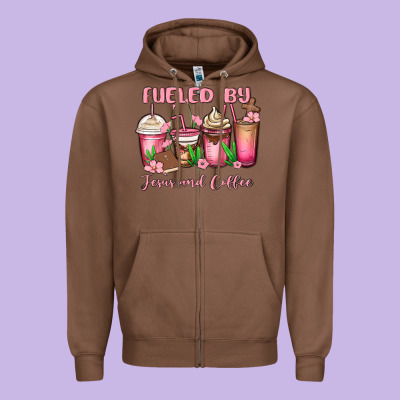 Fueled By Jesus And Coffee Zipper Hoodie Designed By Maliassmallbusiness