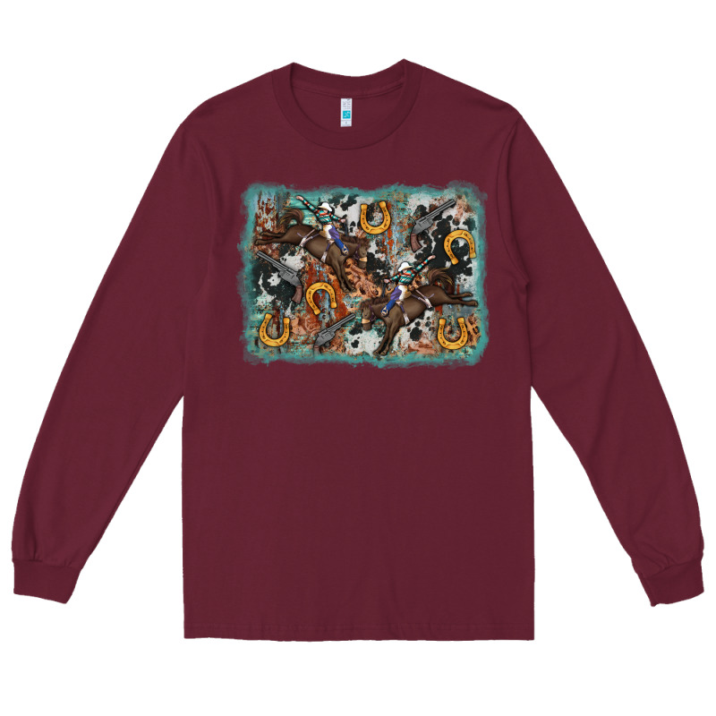 Bucking Bronco Rodeo Revolver Western Background Long Sleeve Tee by AdoDesignShop | Teevron