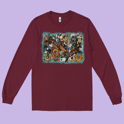 Bucking Bronco Rodeo Revolver Western Background Long Sleeve Tee Designed By Adodesignshop