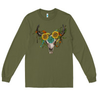 Army Green boho bullskull with sunflower and gemstone Long Sleeve Tee - Artiststas